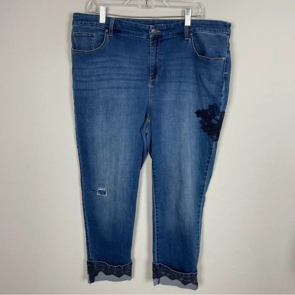 Chico's Blue Denim Floral & Patch  Embellished Ankle Jeans 3 - Picture 2 of 10